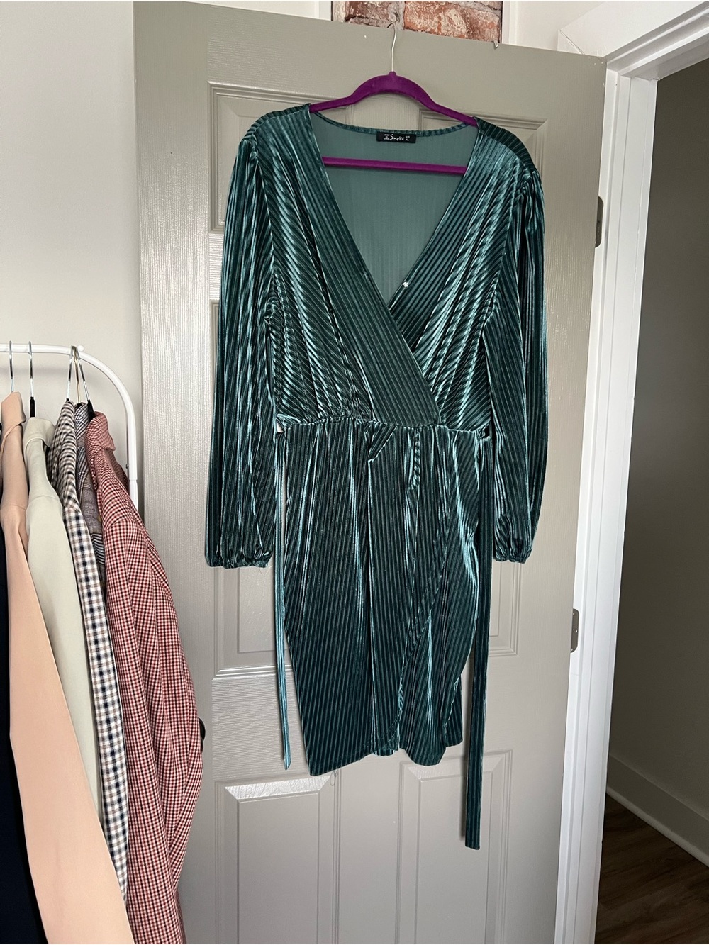 Simplee Apparel Teal Green Velvet Wrap Dress